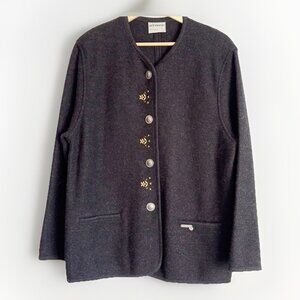 STAPF Austria 100% Wool Blazer SZ Large (44) Charcoal Gray Embroidered Old Money